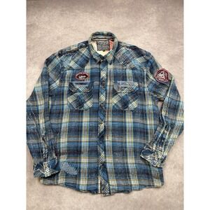 Affliction Shirt Mens 2XL Blue Plaid Black Premium Western Snap Distressed‎ ACMC